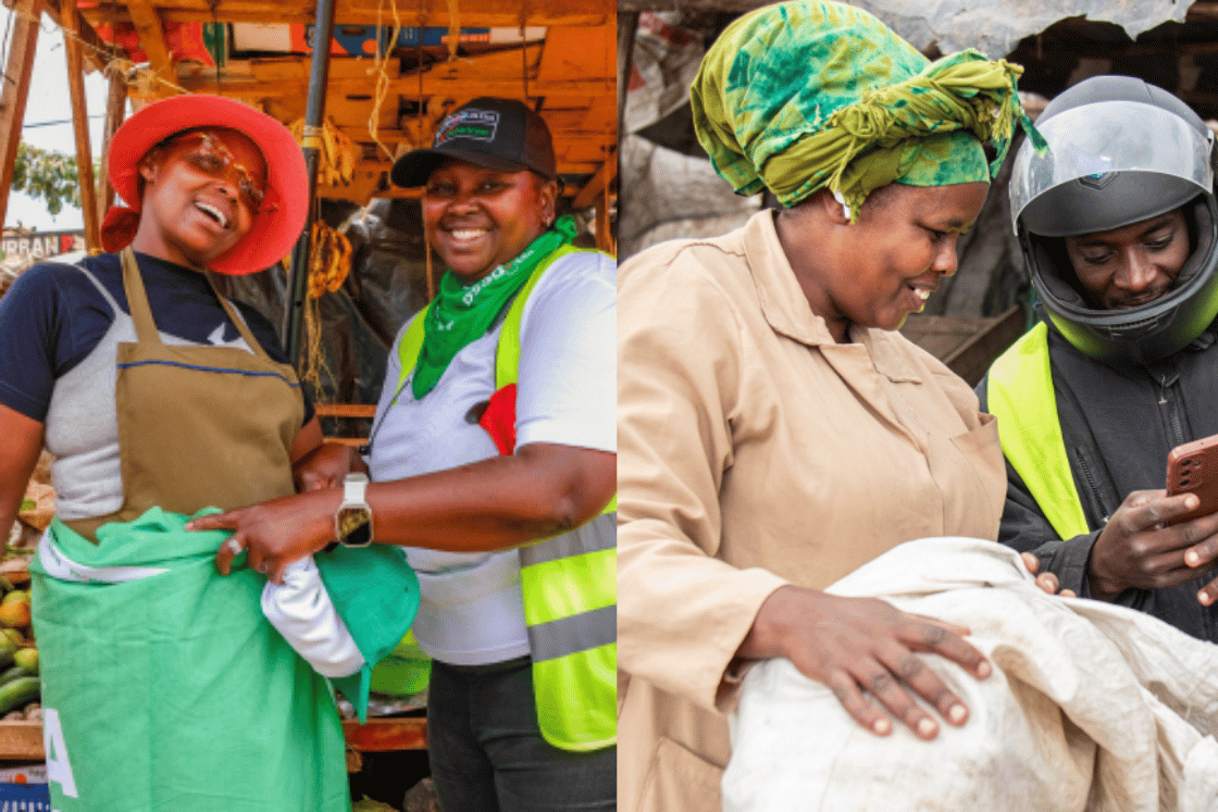Safaricom staff with a woman micro-entrepreneurs in Kenya, as featured in the GSMA report Pochi la Biashara and Women Micro-Entrepreneurs in Kenya: From Insight to Action.&nbsp;